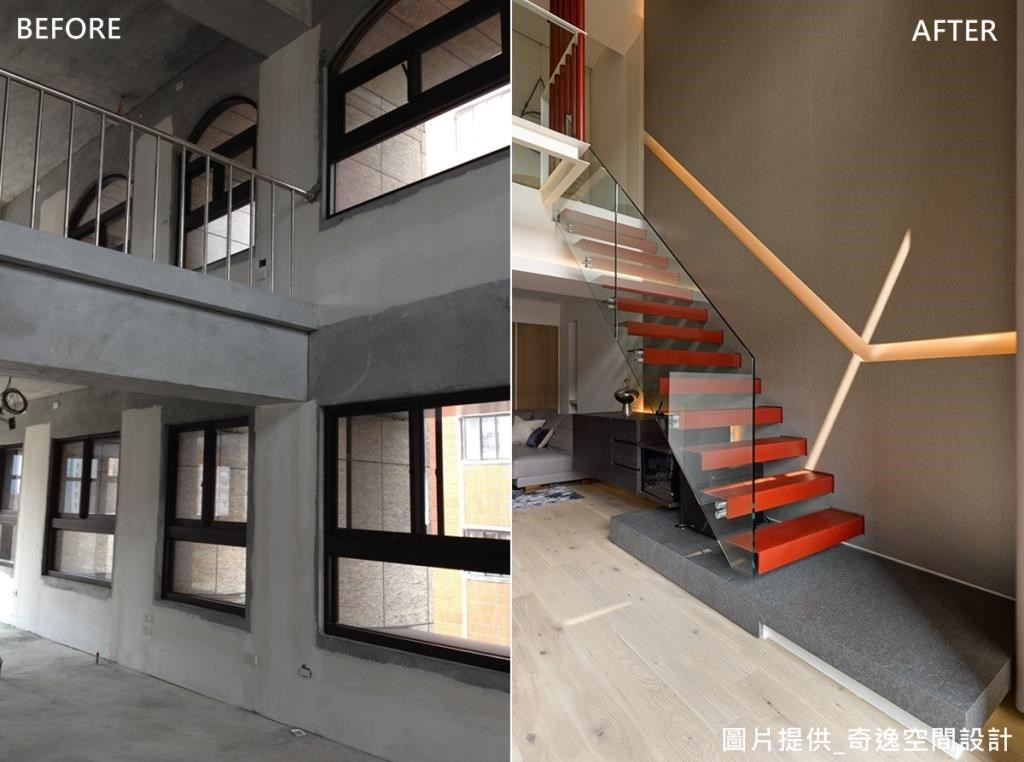 原先居宅有許多對外窗,但因建築對面有其他高樓,易使居住品質較無隱私,同時窗戶也將立面切割得過於零散,所以設計師選擇捨棄窗戶,運用大片壁布形塑完整的牆面,並配置通往 2 樓的樓梯。 原先居宅有許多對外窗,但因建築對面有其他高樓,易使居住品質較無隱私,同時窗戶也將立面切割得過於零散,所以設計師選擇捨棄窗戶,運用大片壁布形塑完整的牆面,並配置通往 2 樓的樓梯。